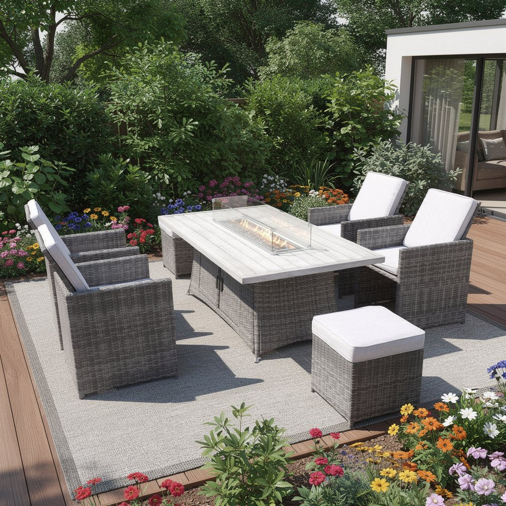 Seven Piece Gray Wicker Multiple Chairs Seating Group With Fire Pit And Table HomeRoots