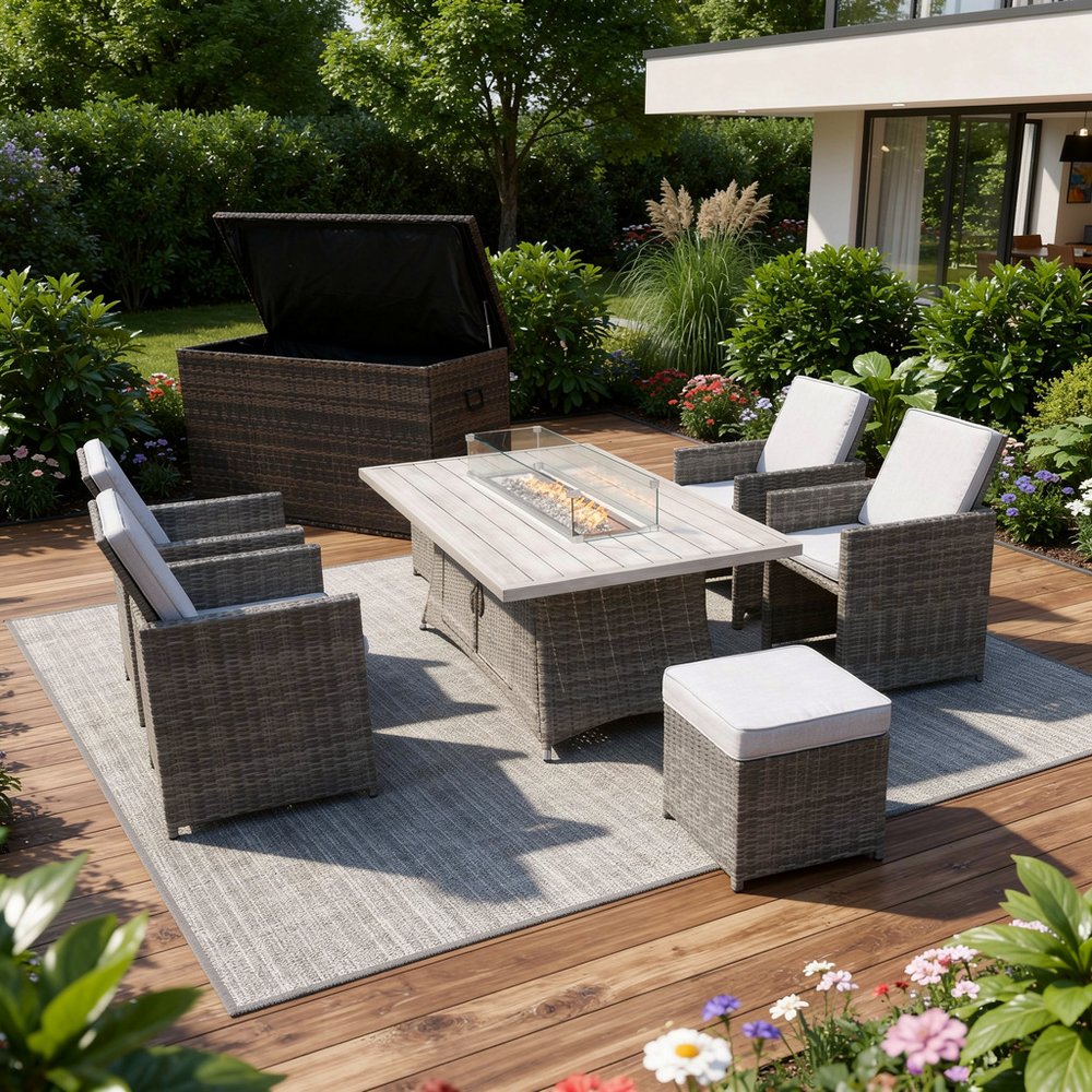 Ten Piece Gray Wicker Multiple Chairs Seating Group With Fire Pit And Table — view 1