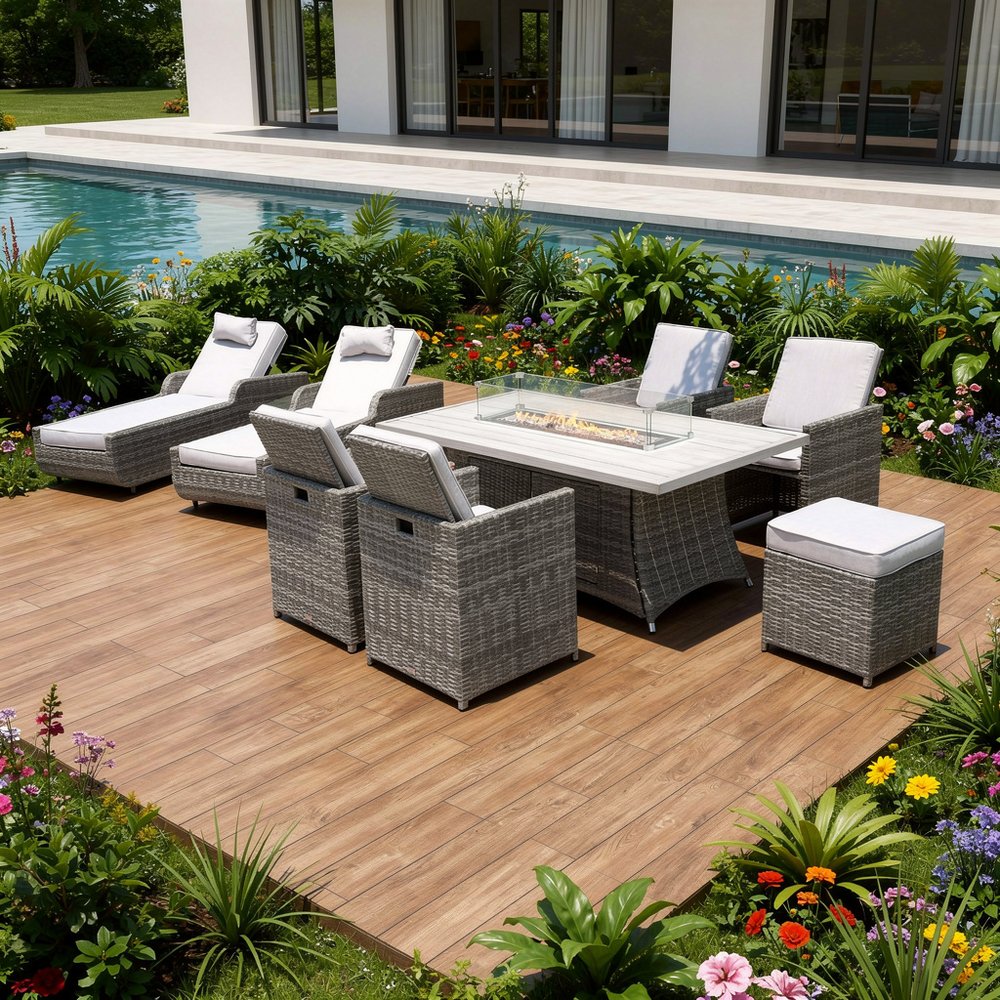 Nine Piece Outdoor Gray Wicker Multiple Chairs Seating Group Fire Pit Included with Gray Cushions — view 1