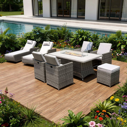 Nine Piece Outdoor Gray Wicker Multiple Chairs Seating Group Fire Pit Included with Gray Cushions HomeRoots
