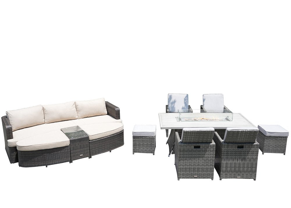 Nine Piece Gray Wicker Multiple Chairs Seating Group With Fire Pit And Table — view 2