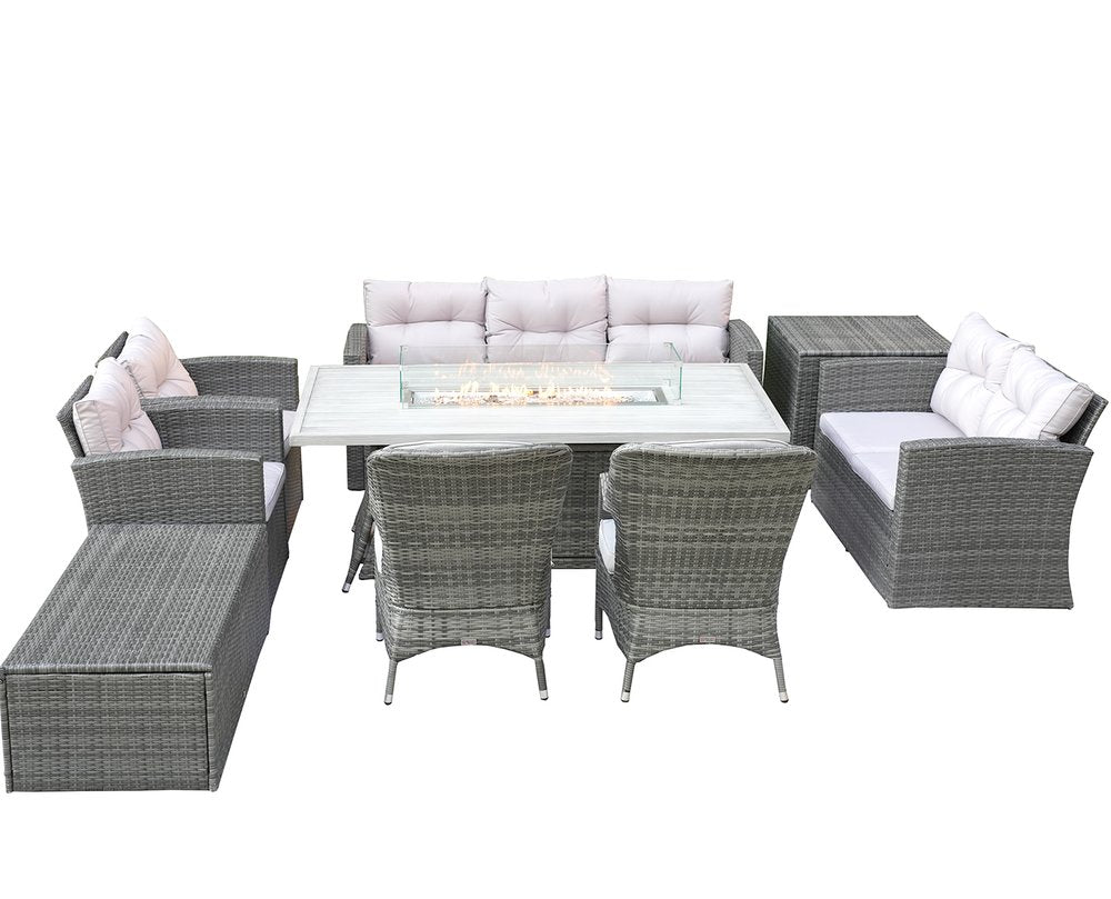 Nine Piece Gray Wicker Multiple Chairs Seating Group With Fire Pit And Table HomeRoots