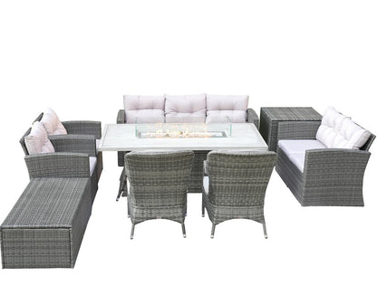 Nine Piece Gray Wicker Multiple Chairs Seating Group With Fire Pit And Table HomeRoots