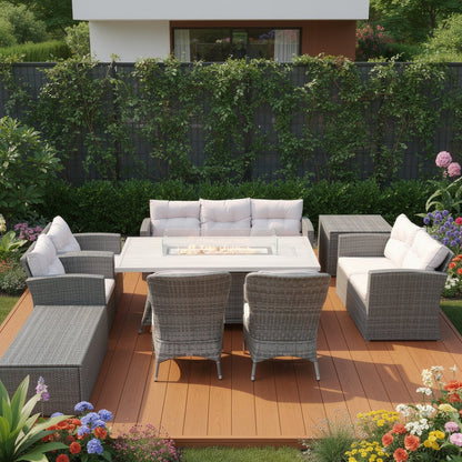 Nine Piece Gray Wicker Multiple Chairs Seating Group With Fire Pit And Table HomeRoots