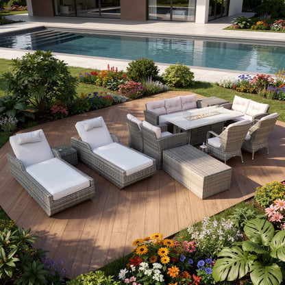 Twelve Piece Gray Wicker Multiple Chairs Seating Group With Fire Pit And Table HomeRoots
