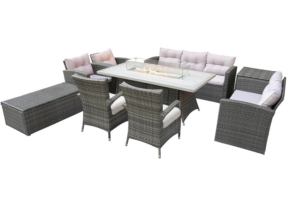 Nine Piece Gray Wicker Multiple Chairs Seating Group With Fire Pit And Table — view 1