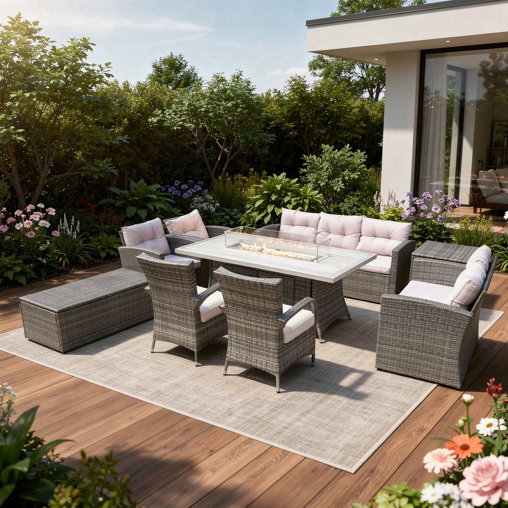 Nine Piece Gray Wicker Multiple Chairs Seating Group With Fire Pit And Table HomeRoots