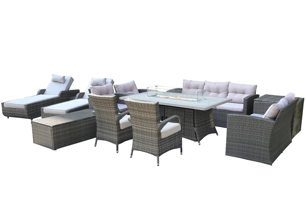 Twelve Piece Gray Wicker Multiple Chairs Seating Group With Fire Pit And Table — view 2