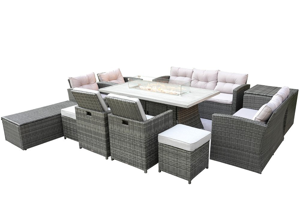 Eleven Piece Gray Wicker Multiple Chairs Seating Group With Fire Pit And Table — view 2