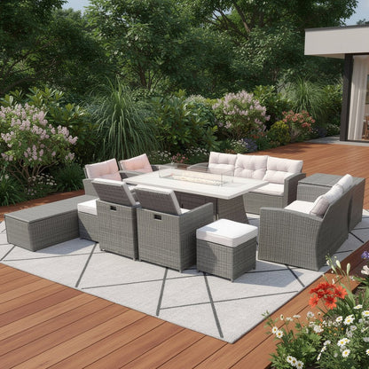 Eleven Piece Gray Wicker Multiple Chairs Seating Group With Fire Pit And Table HomeRoots