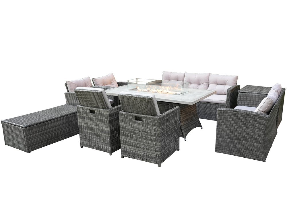 Nine Piece Gray Wicker Multiple Chairs Seating Group With Fire Pit And Table — view 2