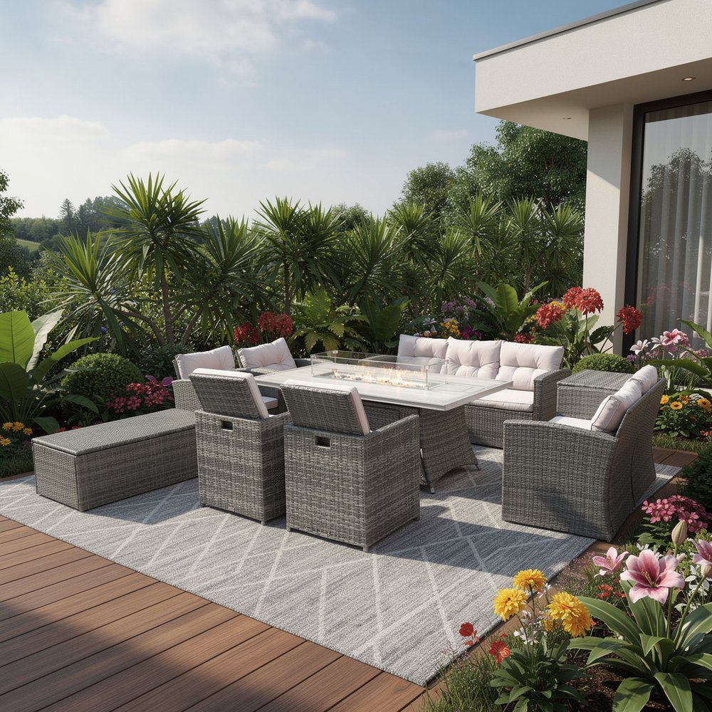 Nine Piece Gray Wicker Multiple Chairs Seating Group With Fire Pit And Table — view 1