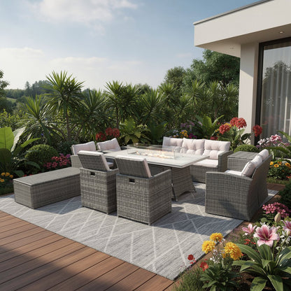 Nine Piece Gray Wicker Multiple Chairs Seating Group With Fire Pit And Table HomeRoots