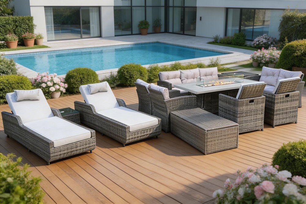 Twelve Piece Gray Wicker Multiple Chairs Seating Group With Fire Pit And Table HomeRoots