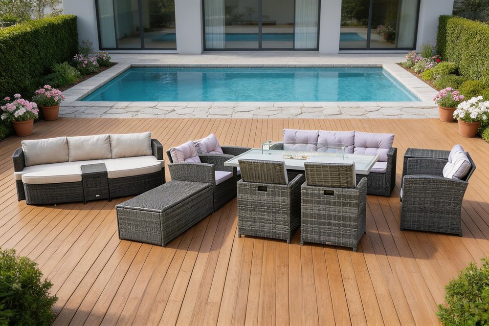 Eleven Piece Gray Wicker Multiple Chairs Seating Group With Fire Pit And Table — view 1