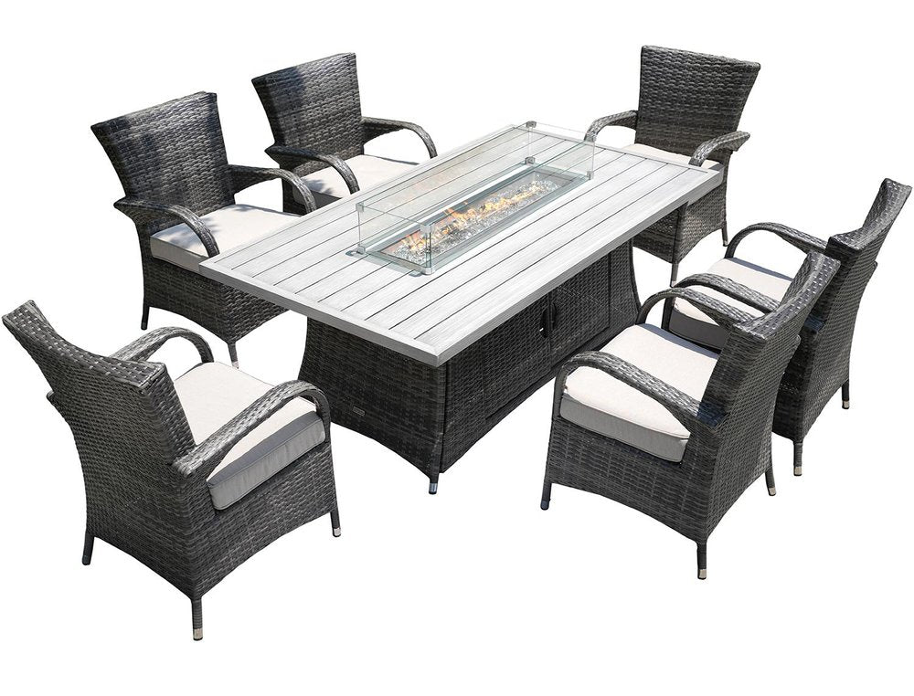 Seven Piece Gray and Beige Wicker Multiple Chairs Seating Group With Fire Pit And Table HomeRoots