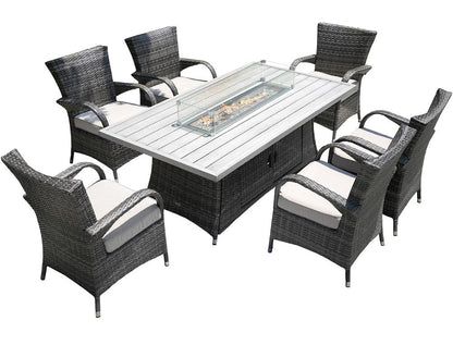 Seven Piece Gray and Beige Wicker Multiple Chairs Seating Group With Fire Pit And Table HomeRoots