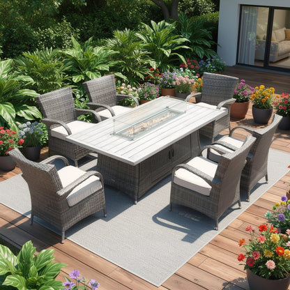 Seven Piece Gray and Beige Wicker Multiple Chairs Seating Group With Fire Pit And Table HomeRoots