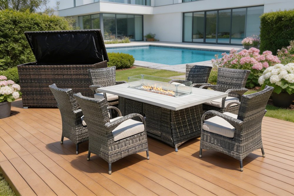 Eight Piece Gray Wicker Multiple Chairs Seating Group With Fire Pit And Table HomeRoots