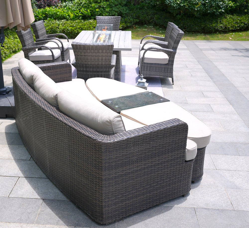 Nine Piece Gray Wicker Multiple Chairs Seating Group With Fire Pit And Table — view 3