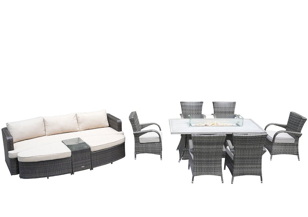 Nine Piece Gray Wicker Multiple Chairs Seating Group With Fire Pit And Table HomeRoots