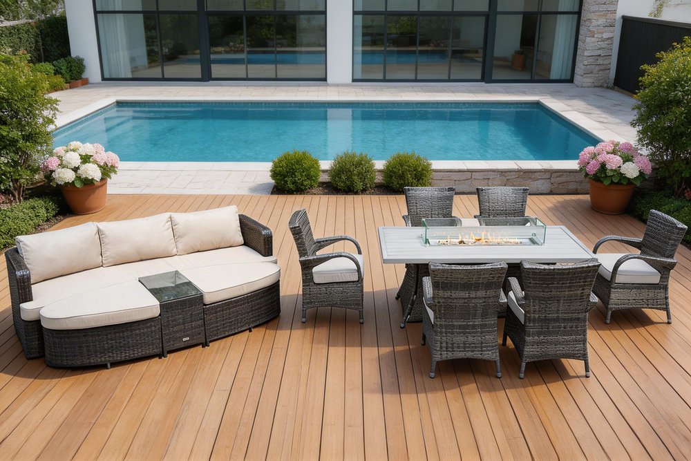 Nine Piece Gray Wicker Multiple Chairs Seating Group With Fire Pit And Table — view 1