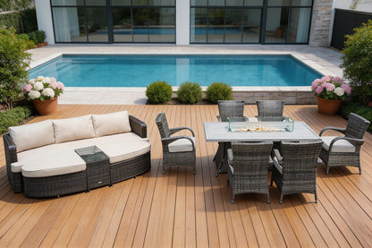 Nine Piece Gray Wicker Multiple Chairs Seating Group With Fire Pit And Table HomeRoots
