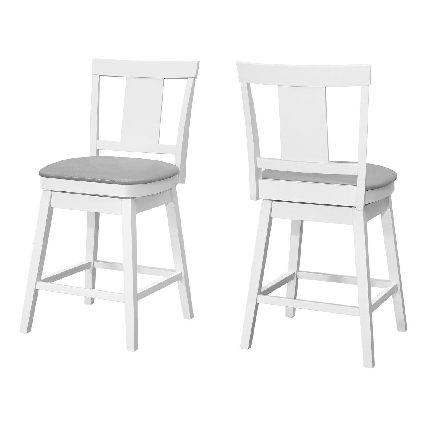 Set of Two 23 " Gray And White Faux Leather And Solid Wood Swivel Counter Height Bar Chairs