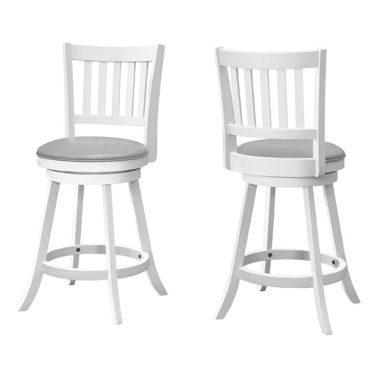 Set of Two 23 " Gray And White Faux Leather And Solid Wood Swivel Counter Height Bar Chairs