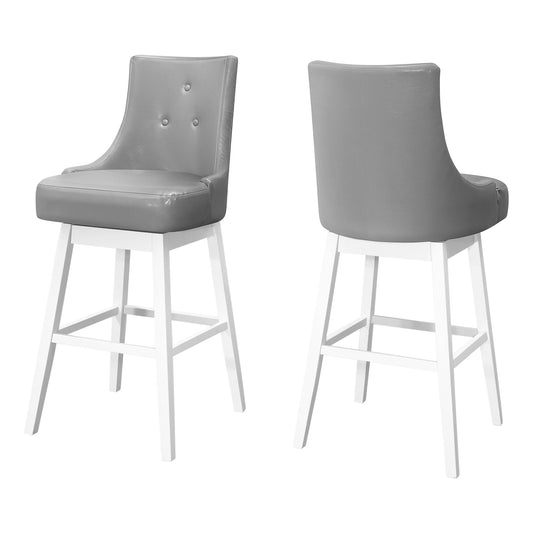 Set of Two 29 " Gray And White Faux Leather And Solid Wood Swivel Bar Height Bar Chairs