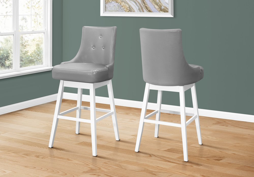 Set of Two 29" Gray and White Faux Leather and Solid Wood Bar Height Swivel Bar Chairs HomeRoots