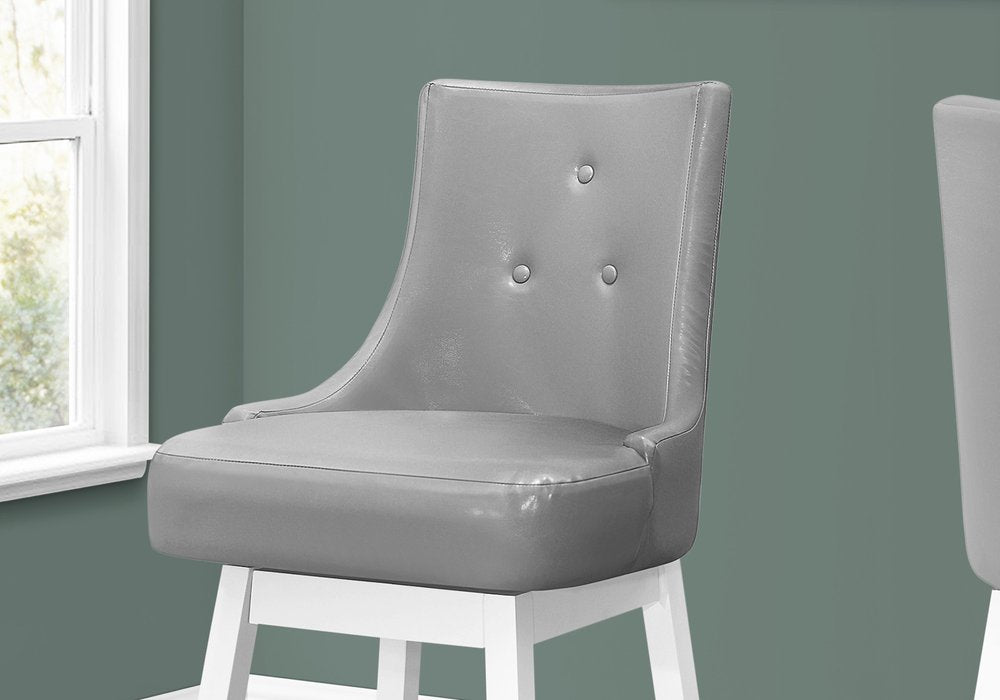 Set of Two 29" Gray And White Faux Leather And Fabric And Solid Wood Bar Height Swivel Bar Chairs HomeRoots