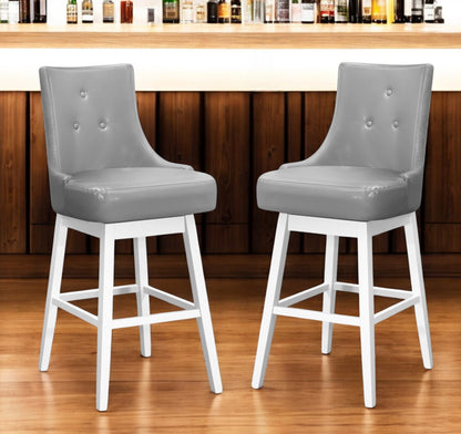 Set of Two 29 " Gray And White Faux Leather And Solid Wood Swivel Bar Height Bar Chairs