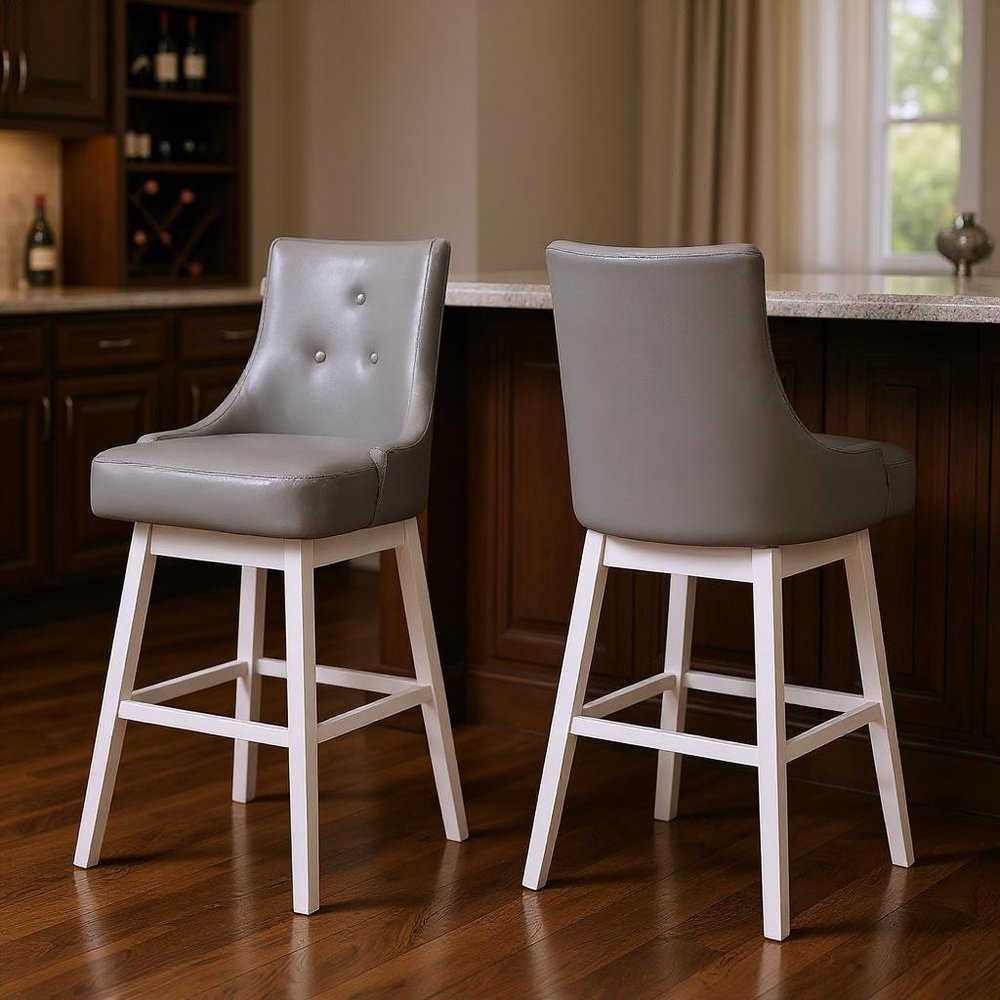 Set of Two 29" Gray and White Faux Leather and Solid Wood Bar Height Swivel Bar Chairs HomeRoots
