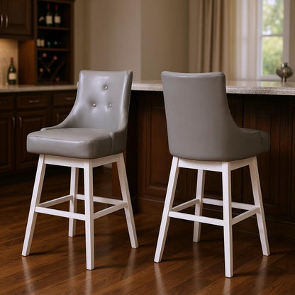 Set of Two 29" Gray and White Faux Leather and Solid Wood Bar Height Swivel Bar Chairs HomeRoots