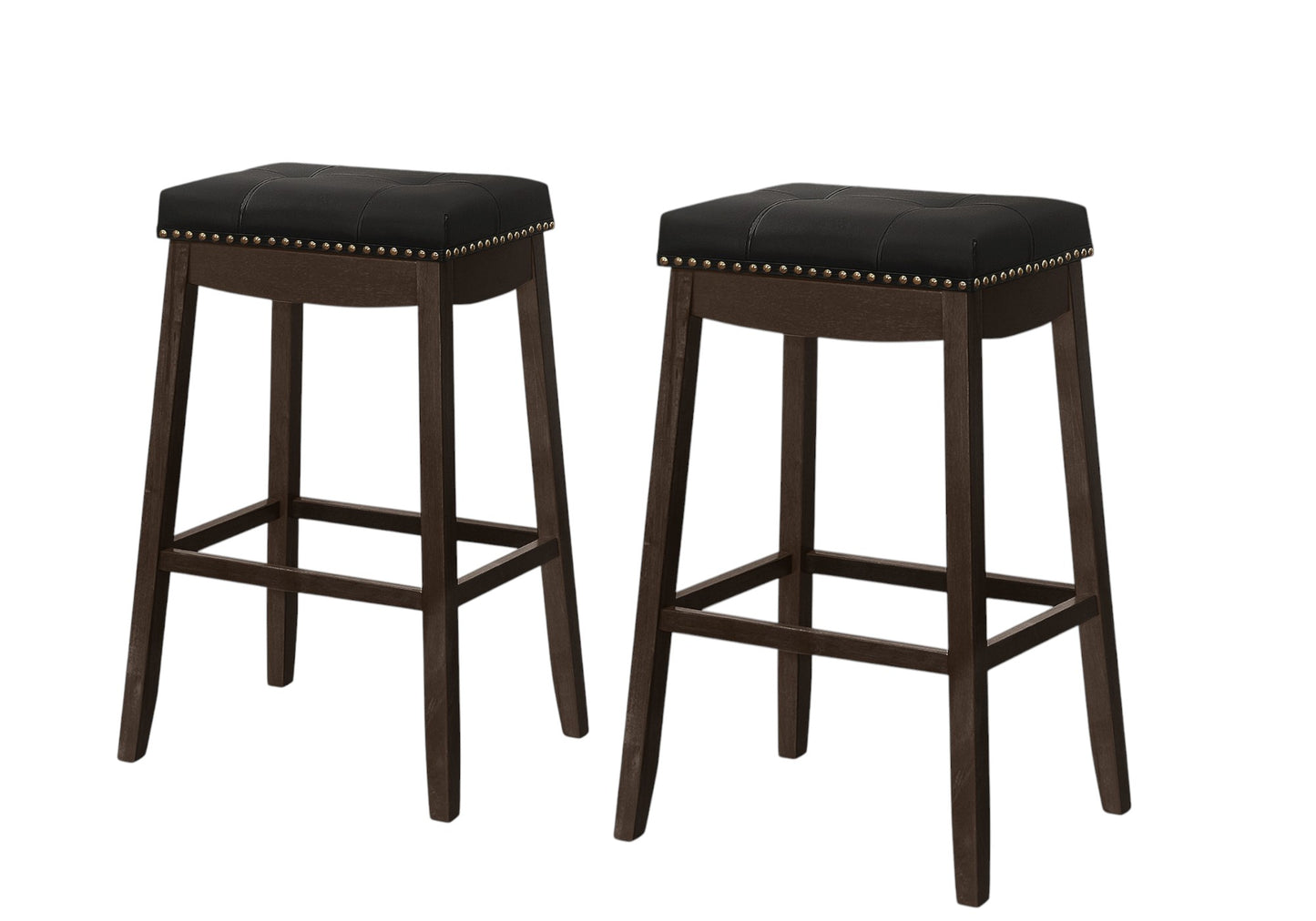 Set of Two 30 " Black And Espresso Faux Leather And Solid Wood Backless Bar Height Bar Chairs