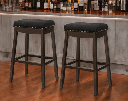 Set of Two 30 " Black And Espresso Faux Leather And Solid Wood Backless Bar Height Bar Chairs