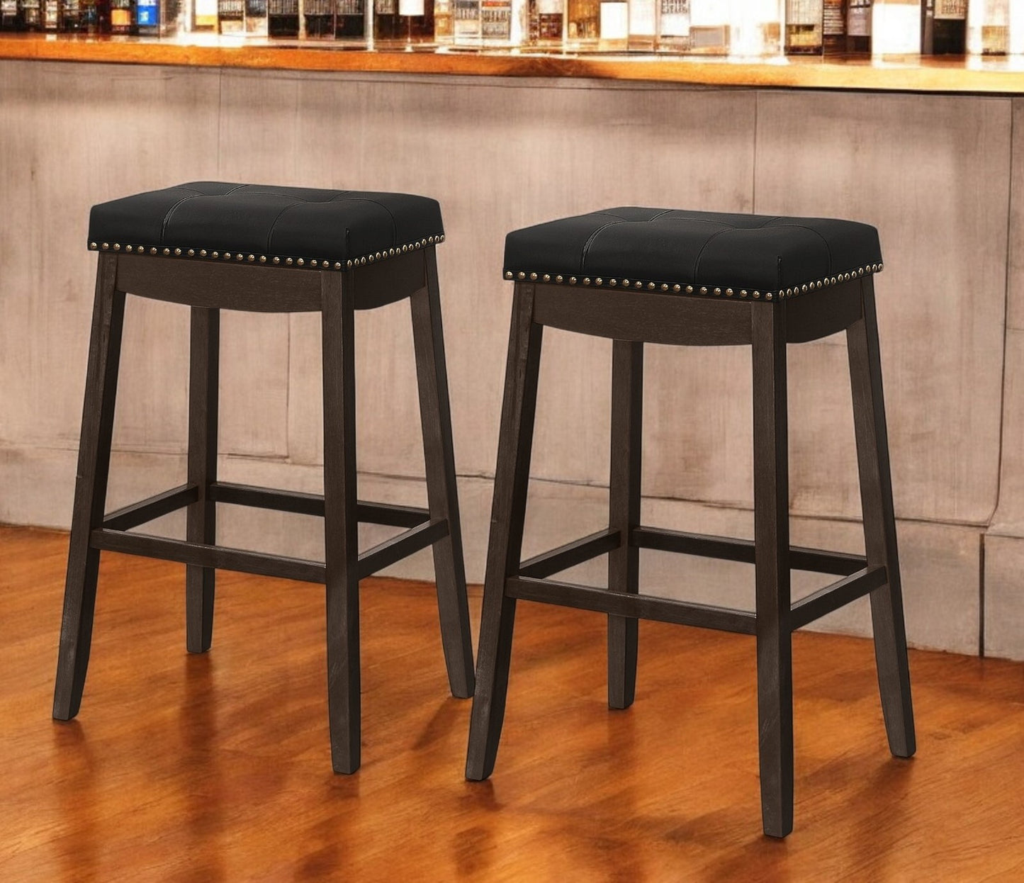 Set of Two 30 " Black And Espresso Faux Leather And Solid Wood Backless Bar Height Bar Chairs