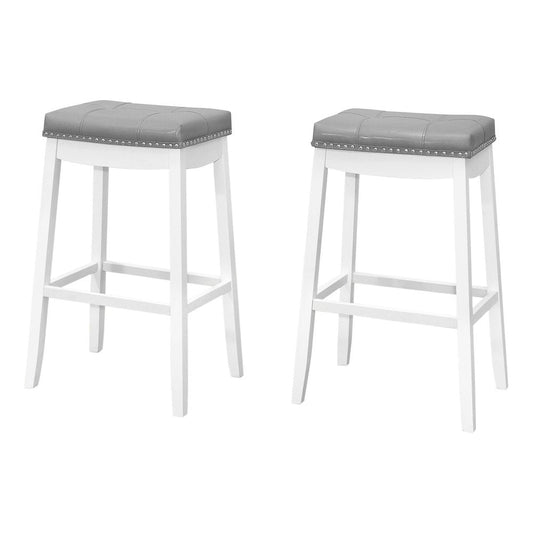 Set of Two 30" Gray And White Faux Leather And Fabric And Solid Wood Backless Bar Height Bar Chairs HomeRoots