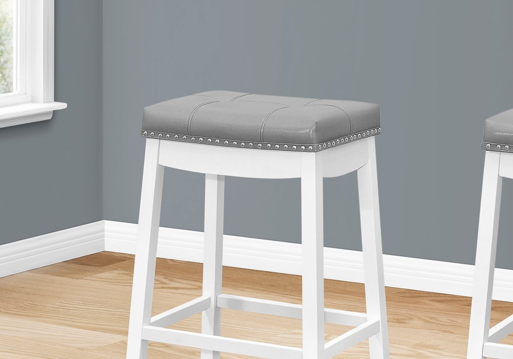 Set of Two 30" Gray and White Faux Leather and Solid Wood Backless Bar Height Bar Chairs HomeRoots
