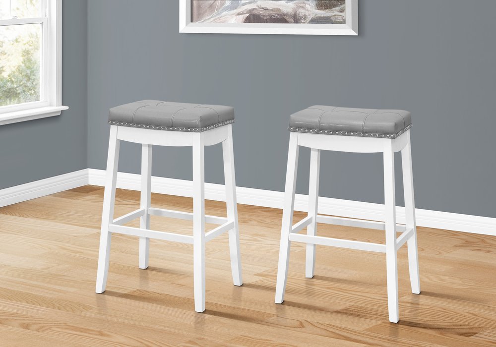 Set of Two 30" Gray and White Faux Leather and Solid Wood Backless Bar Height Bar Chairs HomeRoots