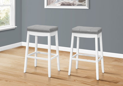 Set of Two 30" Gray And White Faux Leather And Fabric And Solid Wood Backless Bar Height Bar Chairs HomeRoots