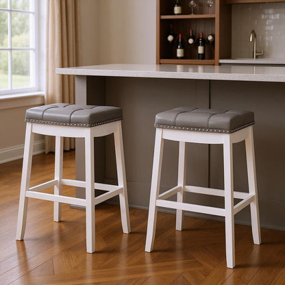 Set of Two 30" Gray and White Faux Leather and Solid Wood Backless Bar Height Bar Chairs HomeRoots