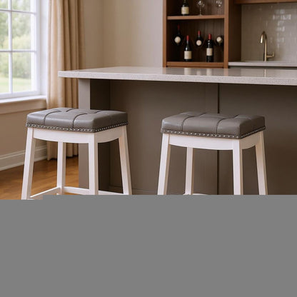 Set of Two 30" Gray and White Faux Leather and Solid Wood Backless Bar Height Bar Chairs HomeRoots