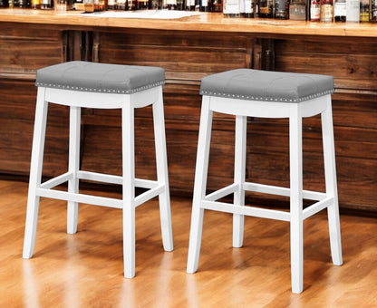 Set of Two 30" Gray and White Faux Leather and Solid Wood Backless Bar Height Bar Chairs