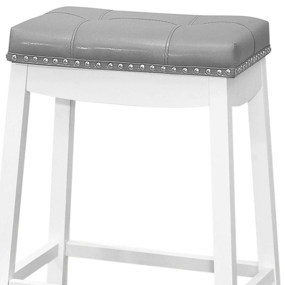 Set of Two 30" Gray and White Faux Leather and Solid Wood Backless Bar Height Bar Chairs HomeRoots