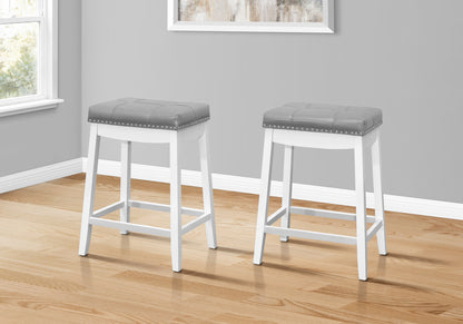 Set of Two 25" Gray and White Faux Leather and Solid Wood Backless Counter Height Bar Chairs