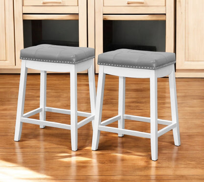 Set of Two 25" Gray and White Faux Leather and Solid Wood Backless Counter Height Bar Chairs