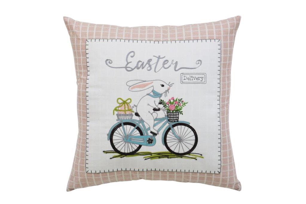 17" X 17" Light Pink Checkered Easter Bunny on Bicycle Throw Pillow FurniFindUSA