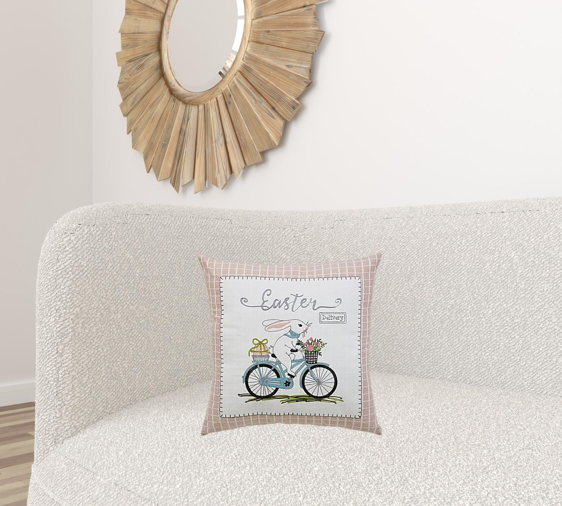 17" X 17" Light Pink Checkered Easter Bunny on Bicycle Throw Pillow FurniFindUSA
